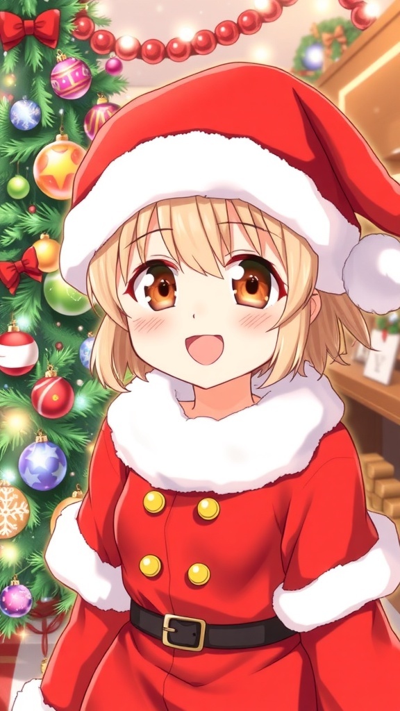 Anime-Inspired Christmas Drawing Guide Anime character in Santa outfit with Christmas tree and snowflakes.